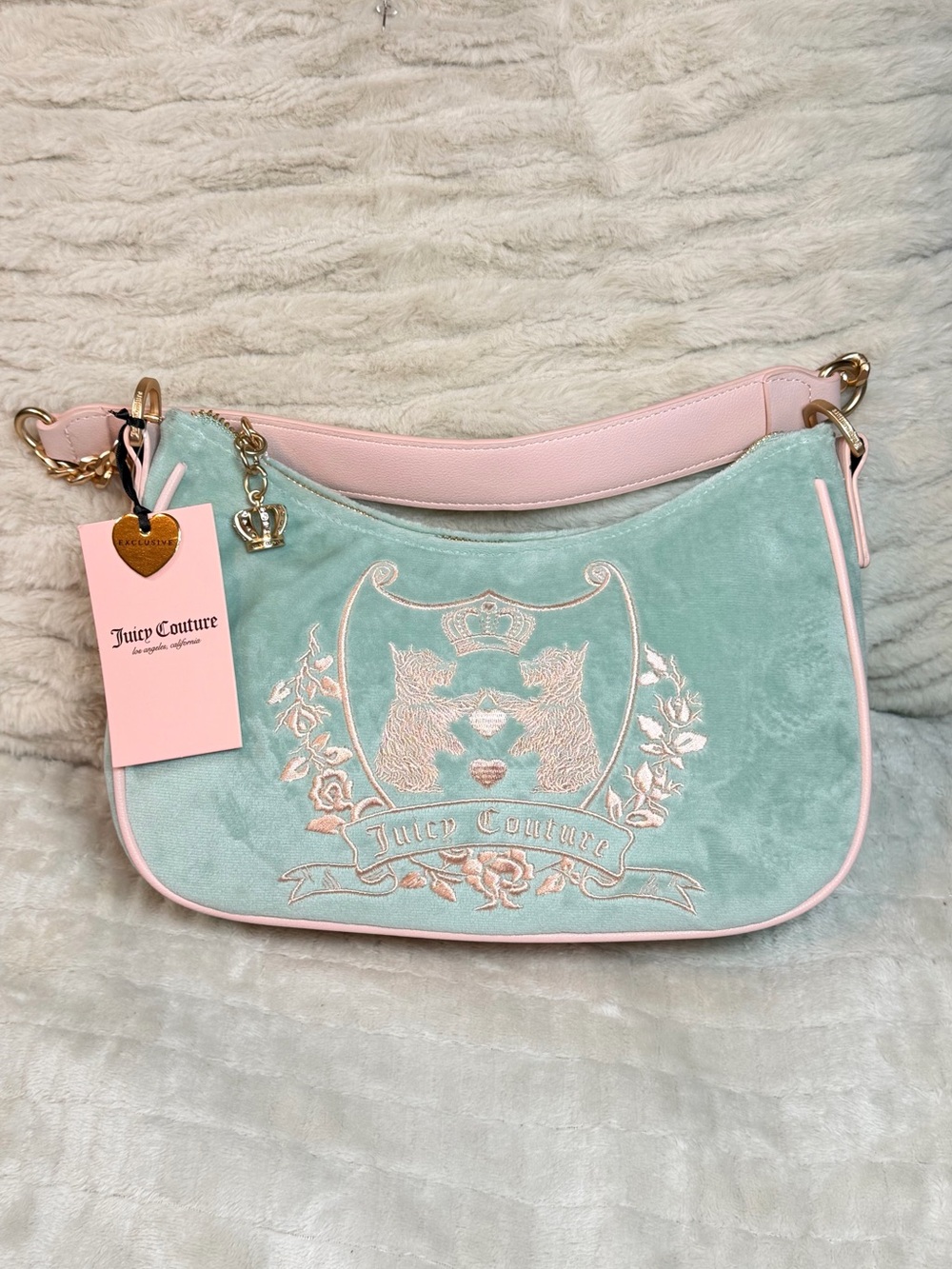 NWT Viral Juicy Couture New Love Chapter Shoulder Bag Frosty Green Velour Crest - Picture 2 of 16